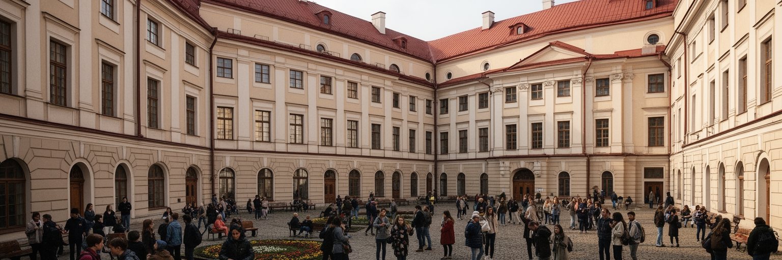 ヴィリニュス大学の中庭、図書館、学生、研究施設を表す景観
