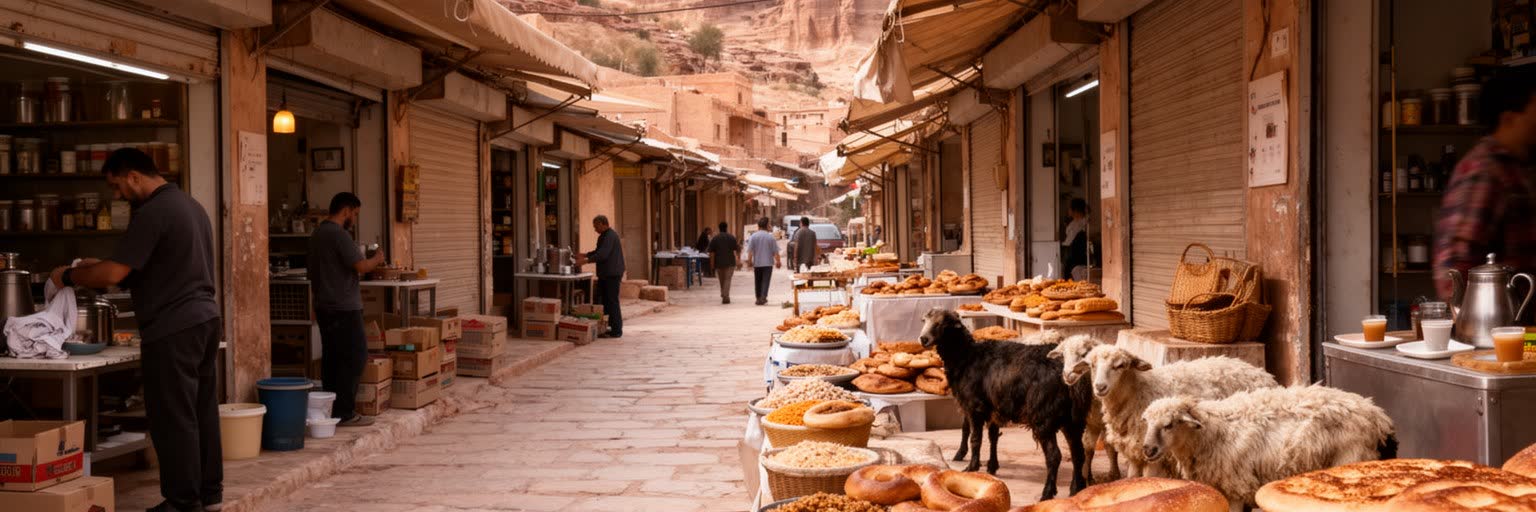 ワディ・ムーサの市場、パン、茶、ヨルダン料理、観光客と住民の食堂