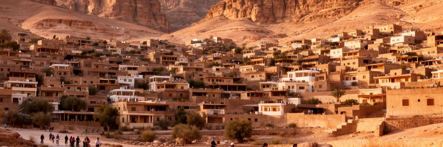 ワディ・ムーサの住宅地、坂道、ホテル、商店、学校が重なる町の暮らし