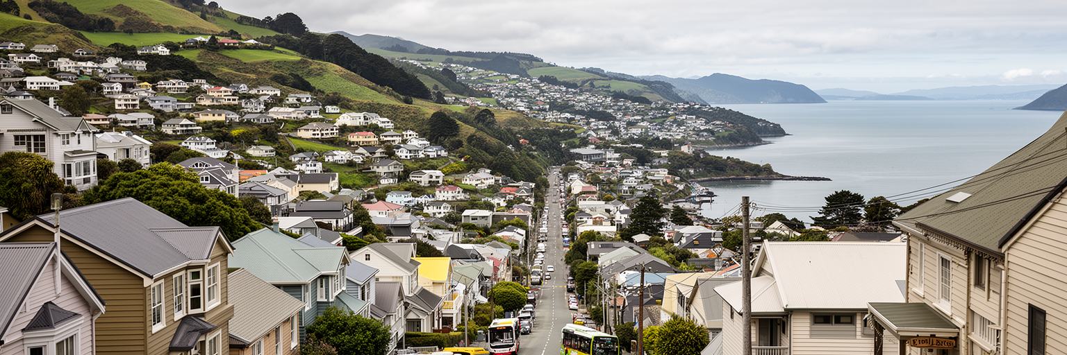 ウェリントンの丘陵住宅、坂道、海を望む家並みを表す景観