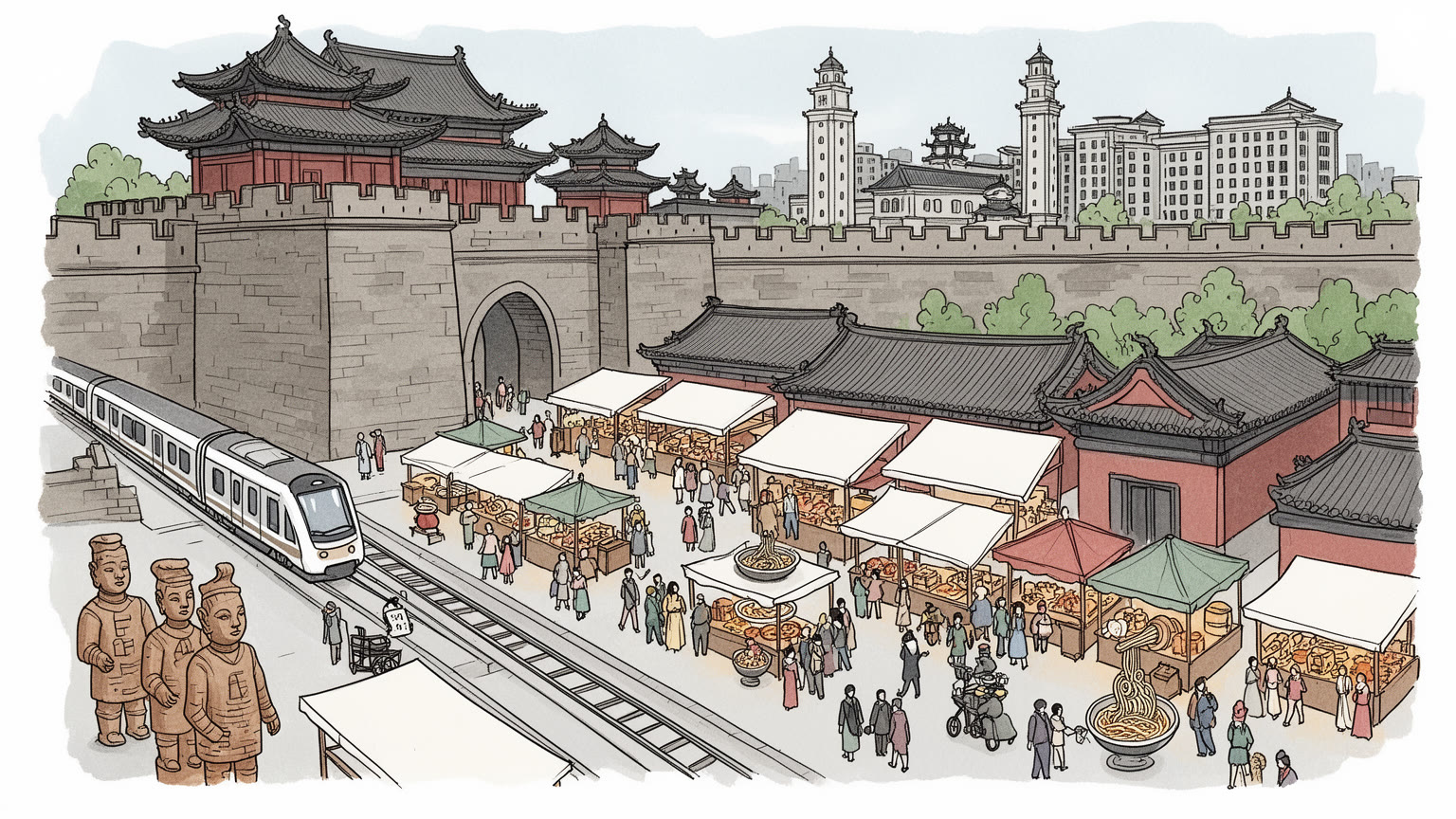 西安の古都らしい街路と現代交通を表す抽象的なイラスト