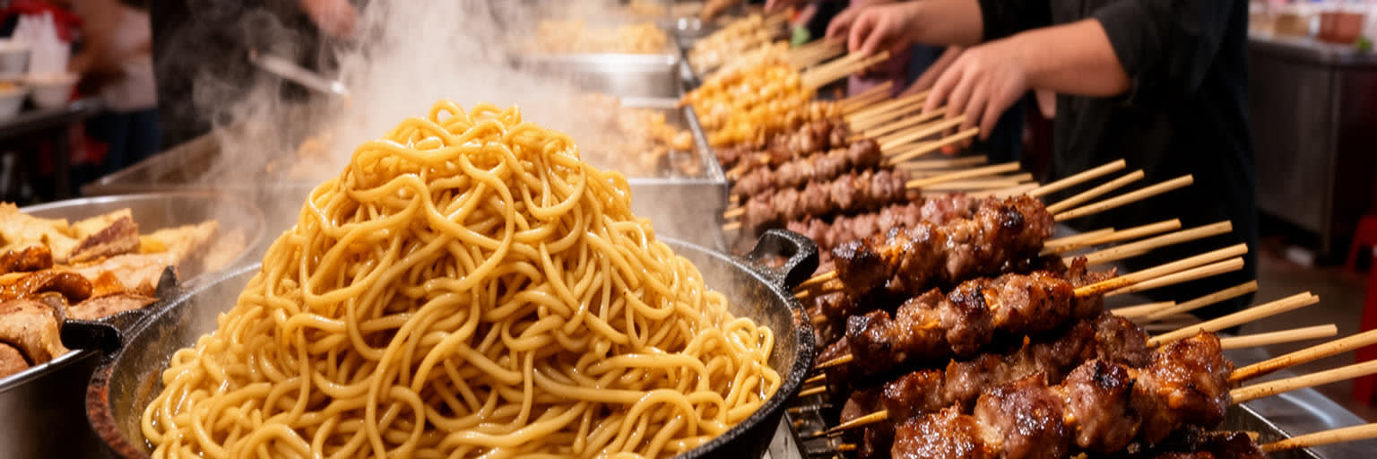 西安の食文化と夜の街路を表す画像