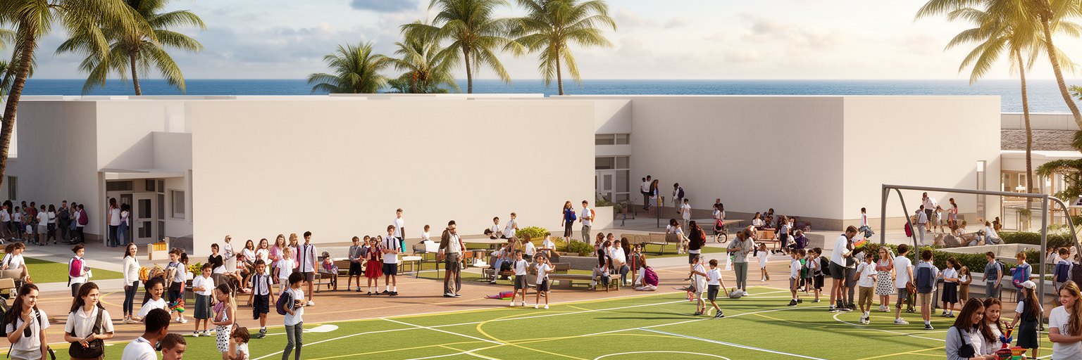 ヤレンの学校、学習村、若者、スポーツ場、海岸道路を表す景観
