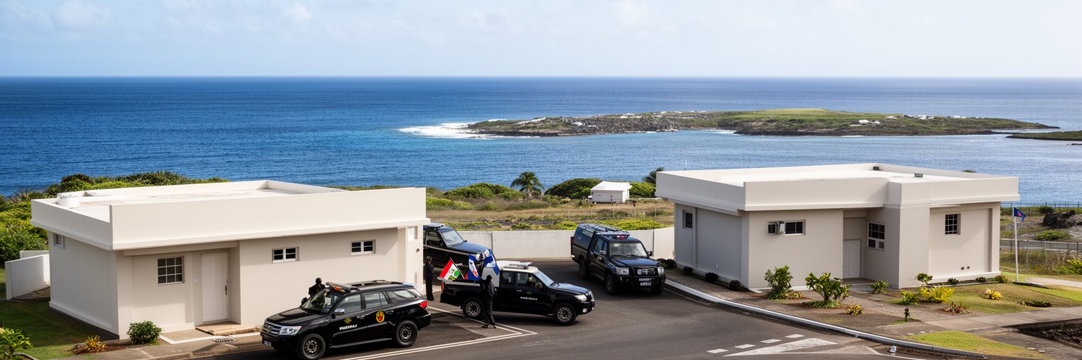 ヤレンの行政施設、外交公館、太平洋島しょ国の会議、海岸道路を表す景観