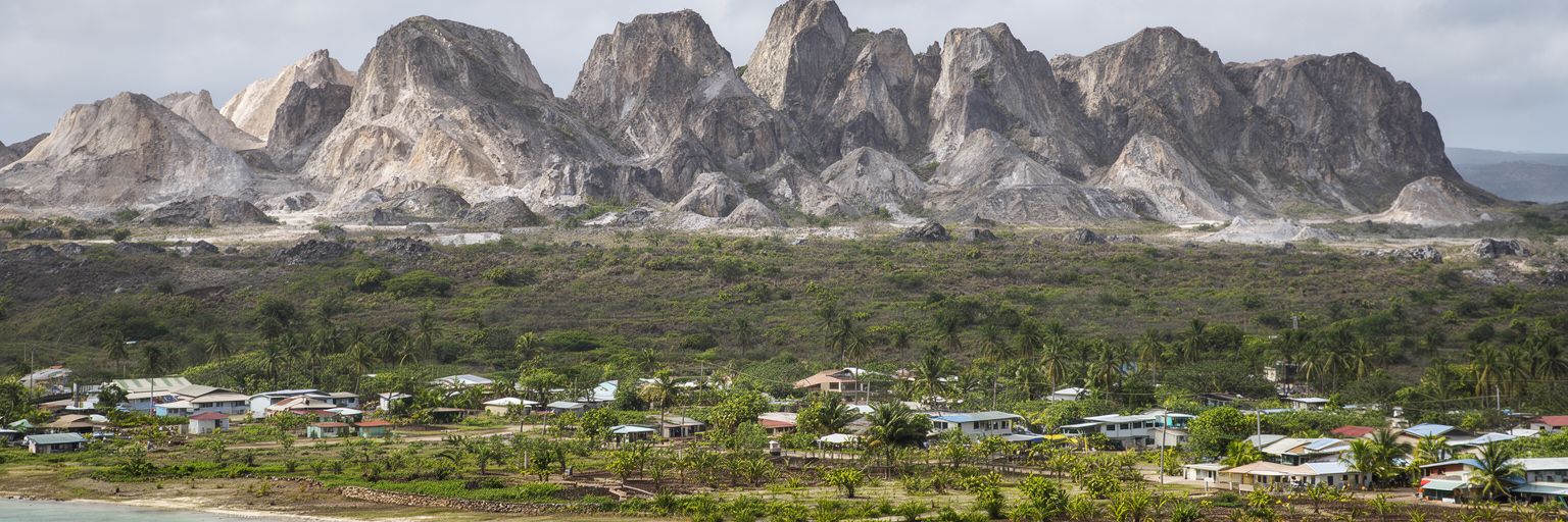 ナウルのリン鉱石採掘後の台地、海岸低地、再生途中の土地を表す景観