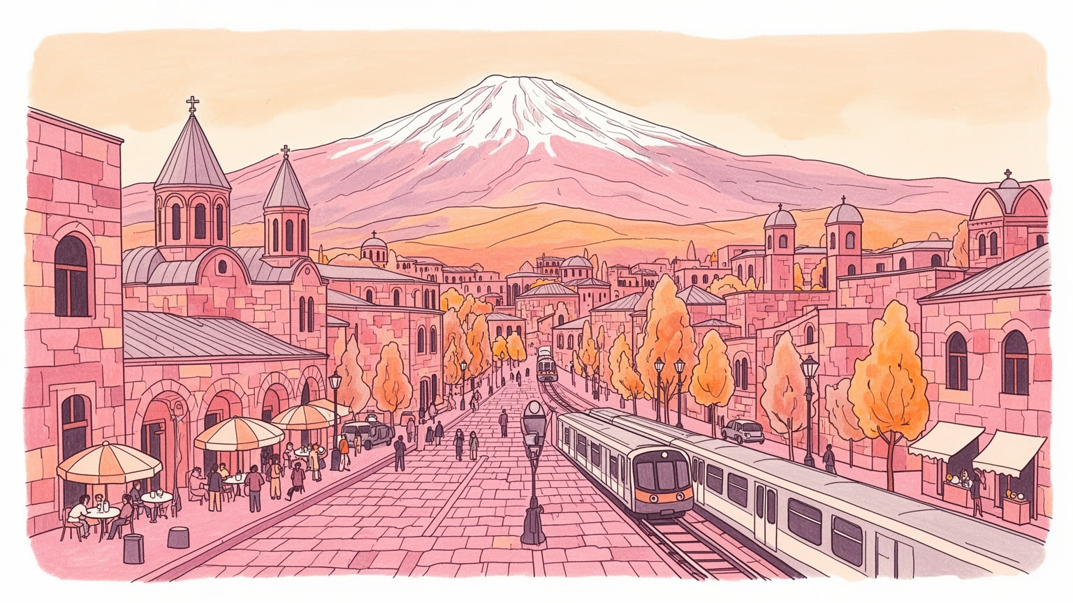 エレバンの石造りの街路、アララト山、カフェ、教会、市場を抽象的に表すビジュアル