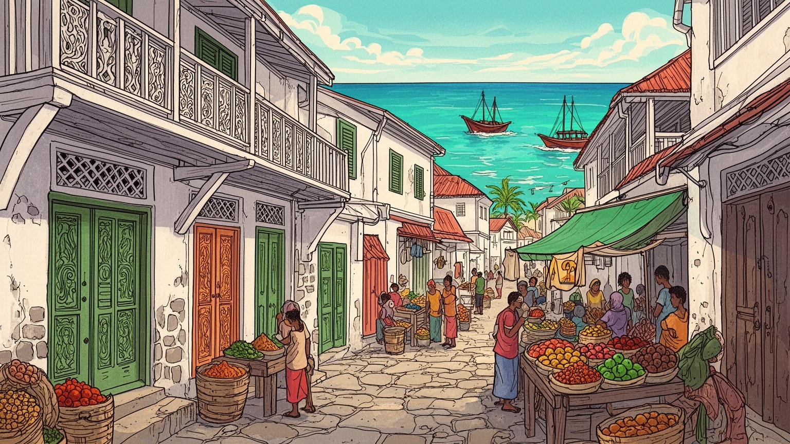 ザンジバル・シティの路地、海、香辛料を表す抽象的なビジュアル